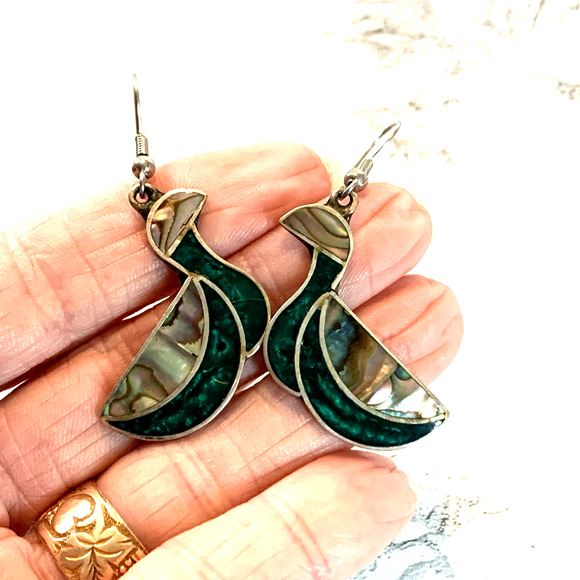 Alpaca Mexico Abalone Duck Earrings Green Enamel Inlay Artisan Pierced Dangles - Picture 2 of 6